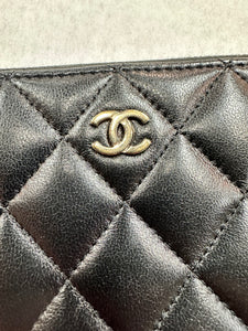 Authentic Chanel Black Lambskin Quilted Zipper Wallet