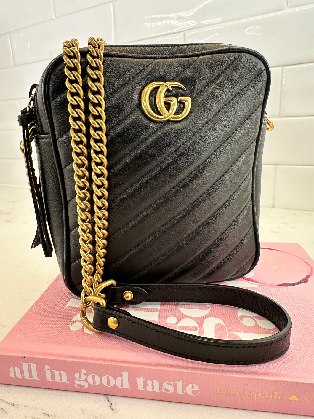 Authentic Gucci Double Zip GG Marmont Diagonal Matelasse Black Camera Crossbody