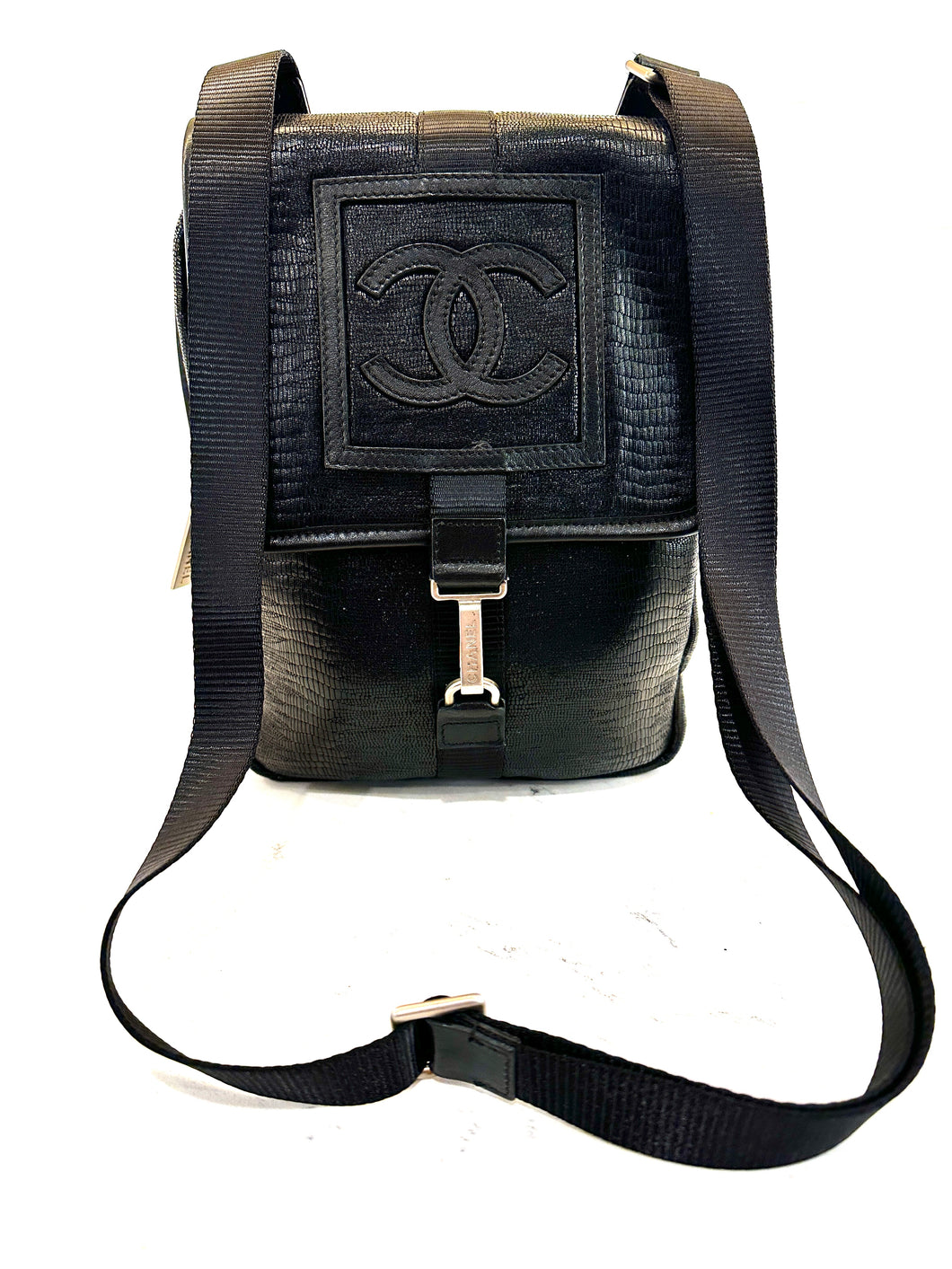 Authentic Pristine Chanel Sports Line Crossbody Black Lizard Embossed Leather RARE