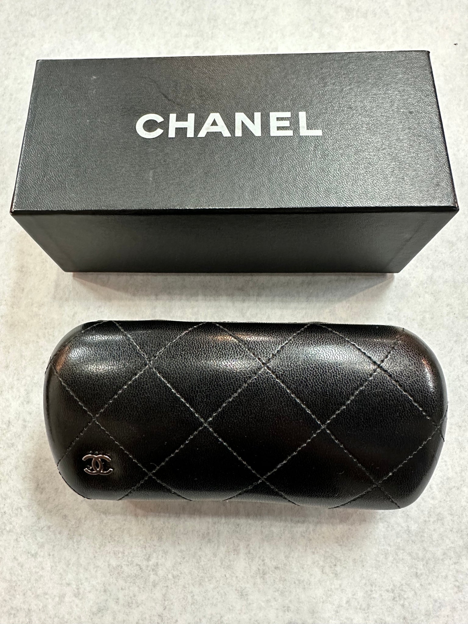 Chanel Glasses Sunglass Case Black Quilted Leather Hard Clam Shell CC Logo  NEW