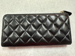 Authentic Chanel Black Lambskin Quilted Zipper Wallet