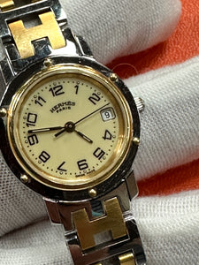 Authentic Hermes Clipper Ladies Silver Gold Timepiece Date Watch