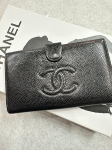 Authentic Chanel Black Quilted Calfskin Leather Wallet with Pearl Chain