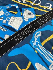 Authentic Hermès Silk Scarf Monsieur Madame Blue Gold 26 Inches Square w/Box