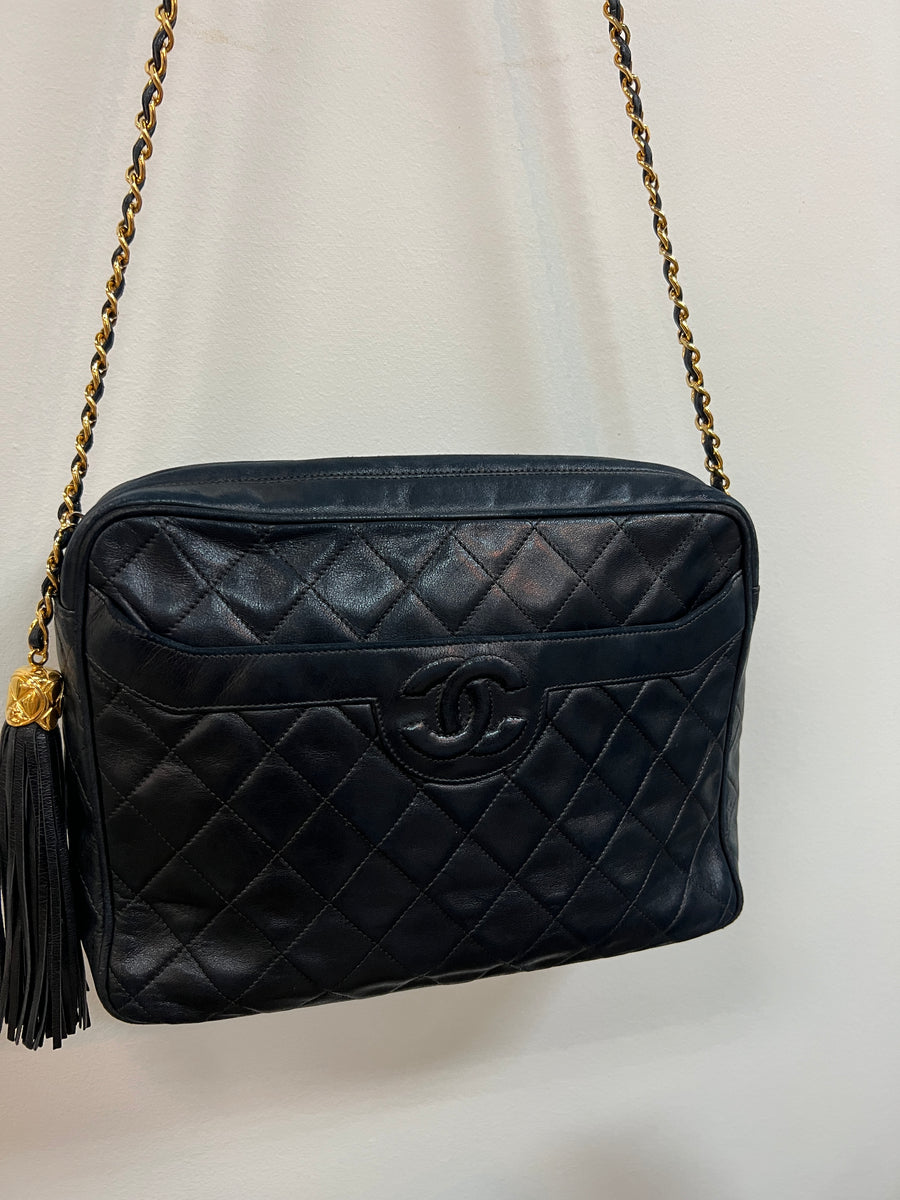 Chanel Vintage Small Black Quilted Lambskin Front Pocket Camera Bag