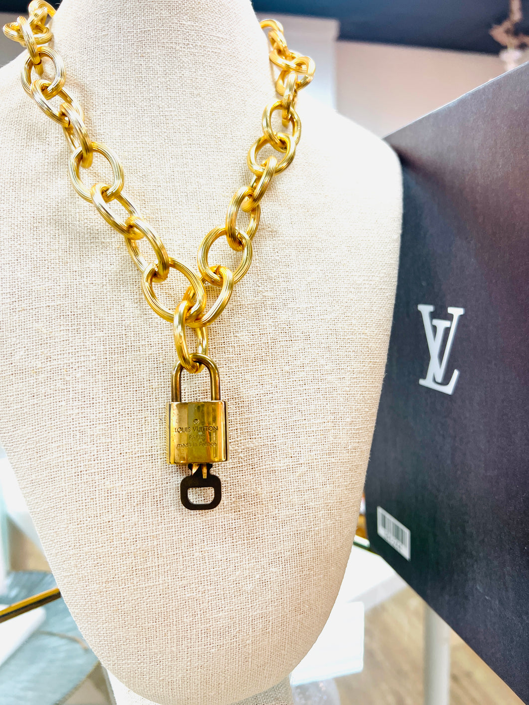 Designer Chain Necklace with Authentic Louis Vuitton Lock Attached