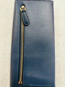 Authentic Prada Saffiano Leather Bi-Fold Wallet Blue