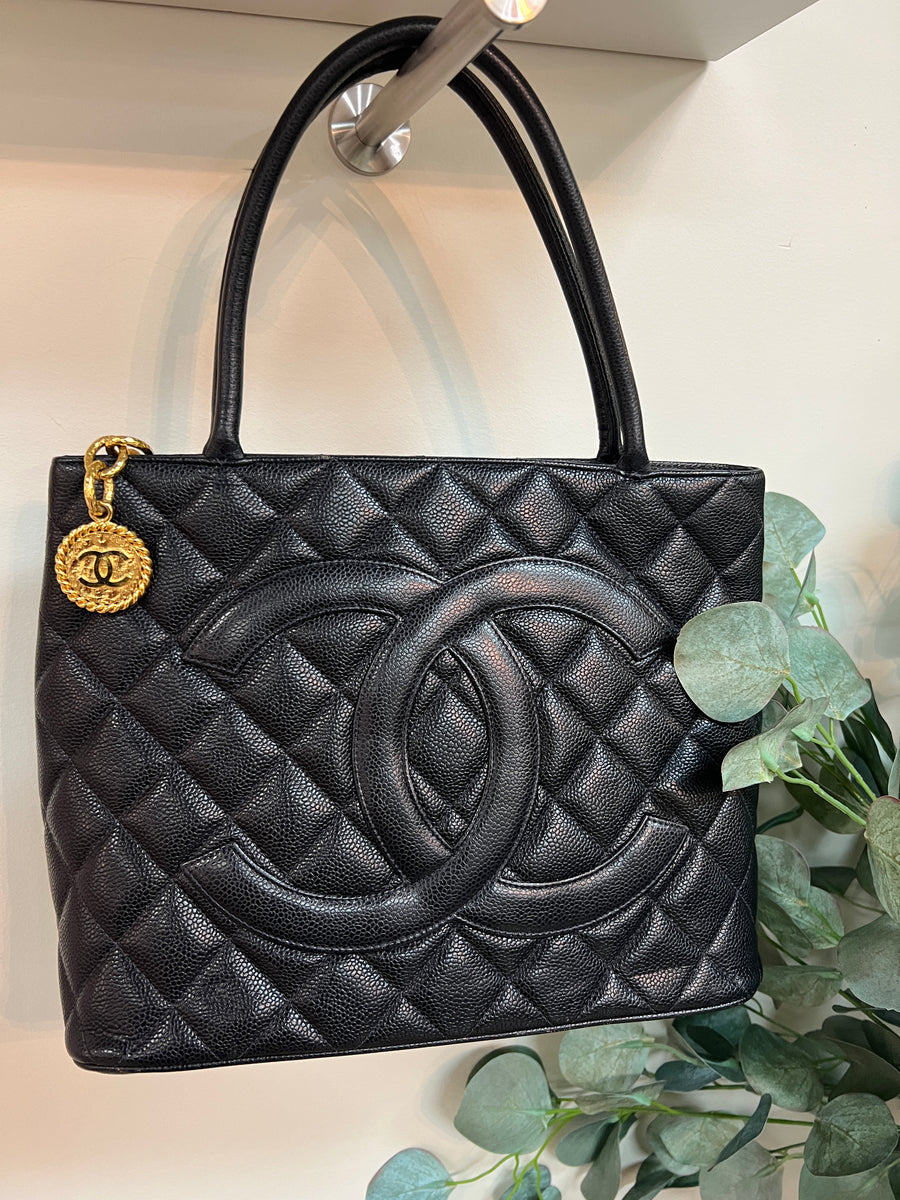 Authentic Chanel Black Quilted Caviar Leather Medallion Tote Bag