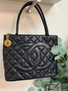 Authentic Chanel Caviar Medallion Tote Deep Navy