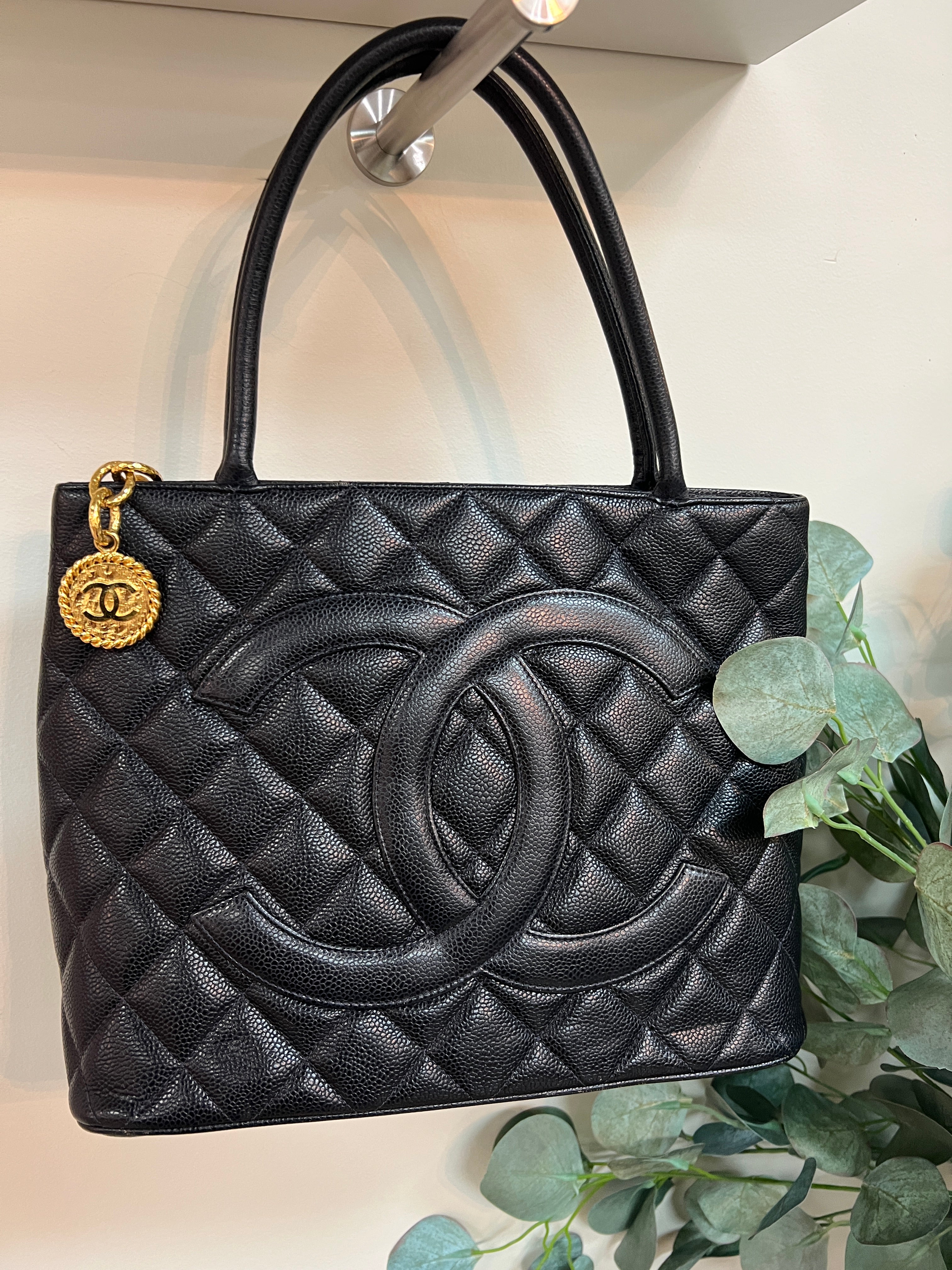 Vintage Black Caviar Medallion Tote with Gold Hardware — Luxxedition