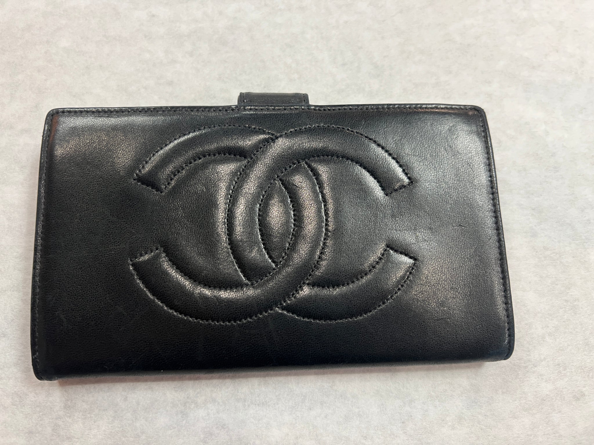 Authentic Chanel Black Quilted Calfskin Leather Wallet with Pearl Chain