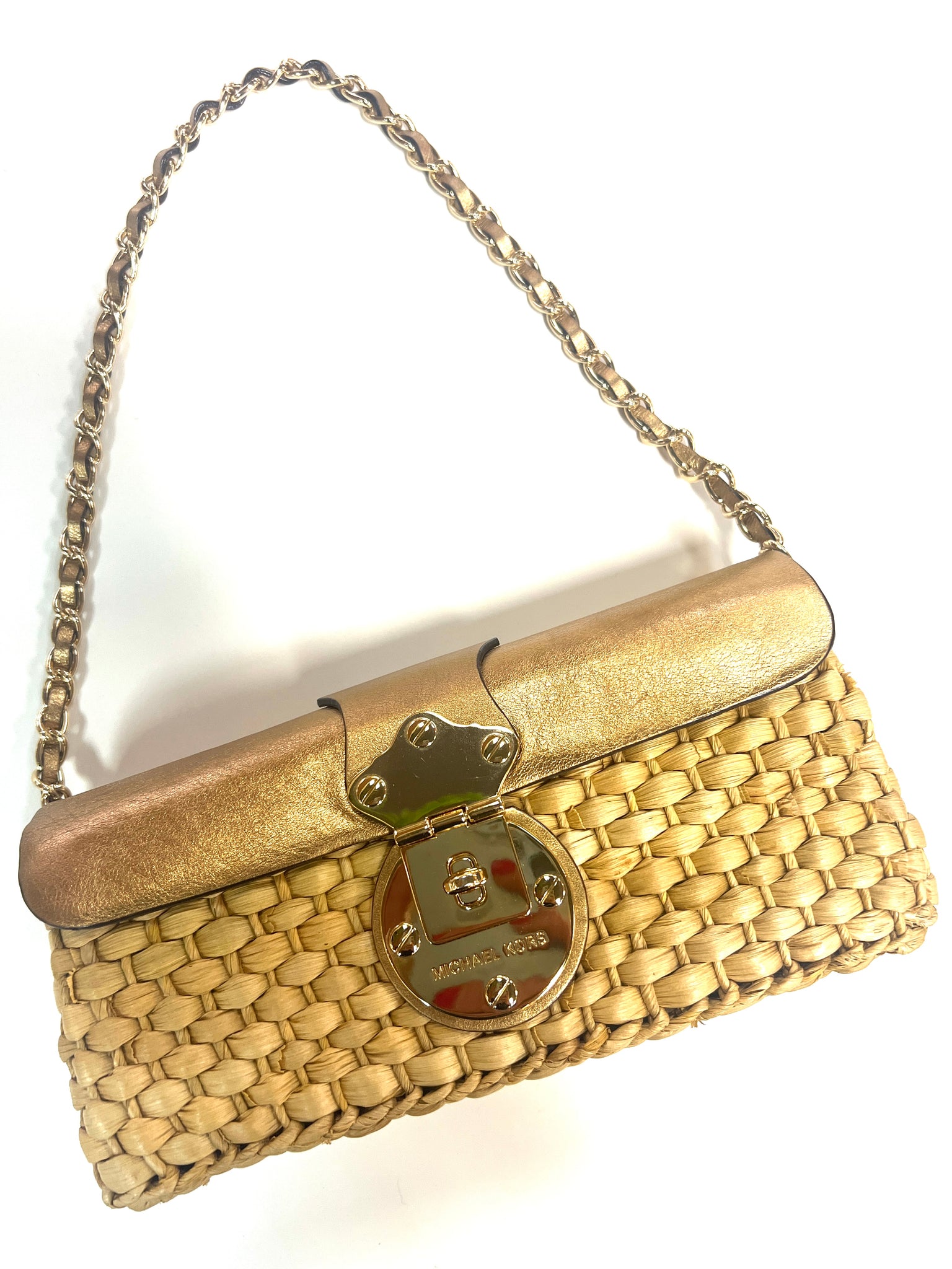 Authentic Michael Kors Gold Leather & Seagrass Purse/Clutch – Relics to  Rhinestones