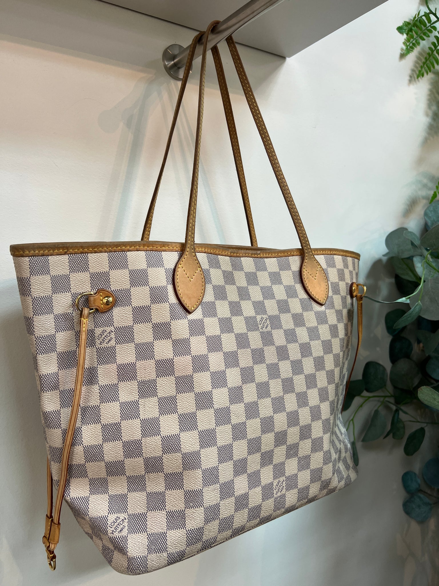 White and Beige Damier Azur Coated Canvas Neverfull MM Gold Hardware