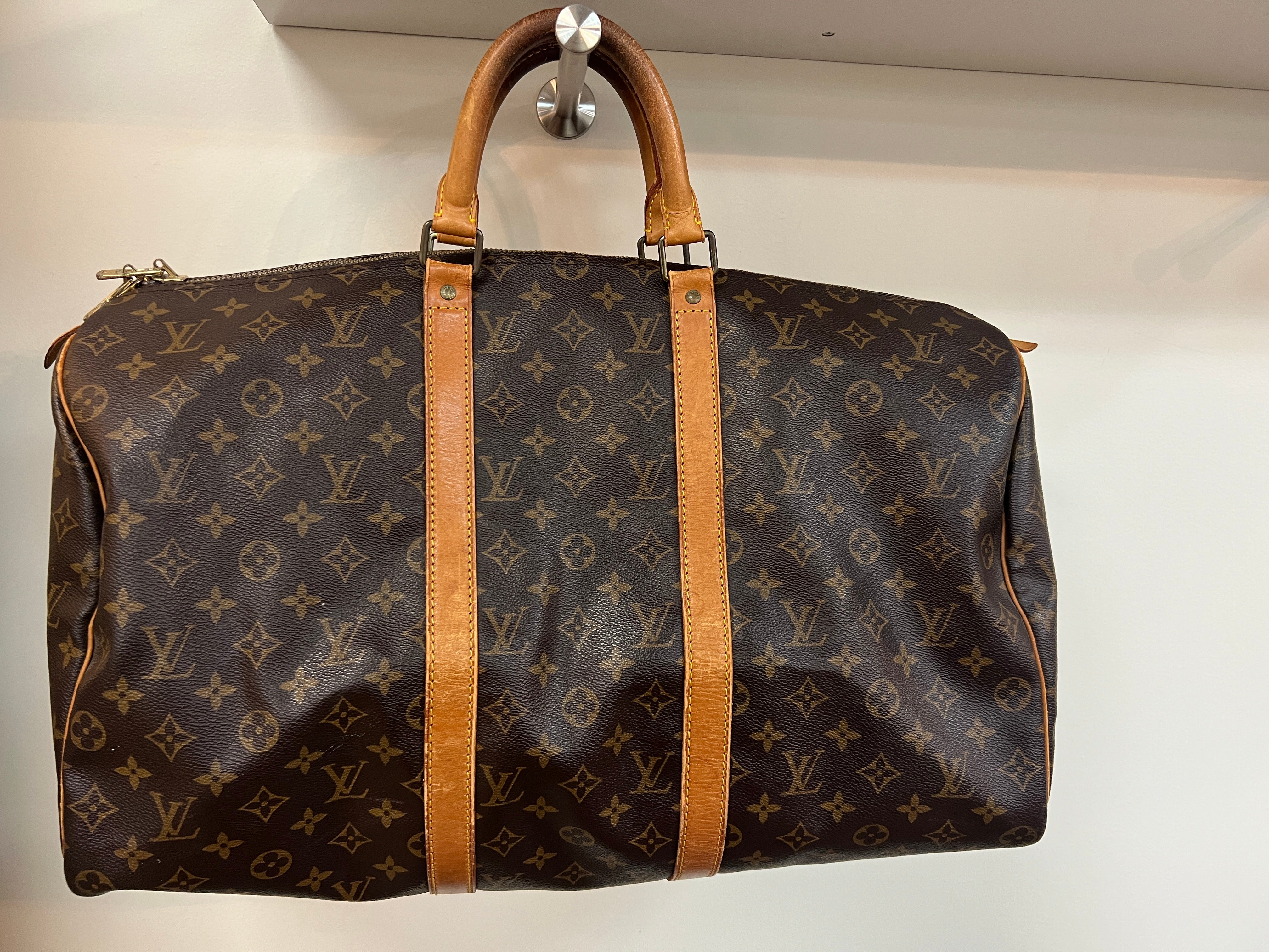 Brown Monogram Coated Canvas Vachetta Leather Vintage Keepall 50 #49 Brown Monogram Coated Canvas Vachetta Leather Vintage Keepall 50