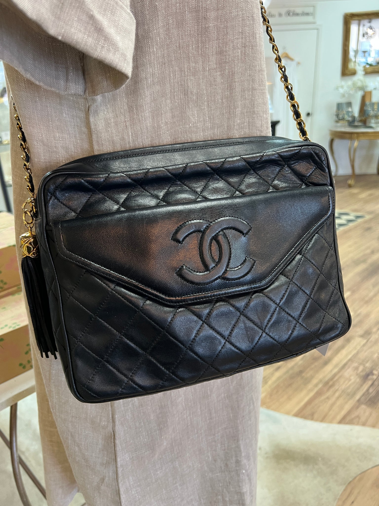 Chanel Black Quilted Lambskin Camera Bag Gold Chain 1014c7
